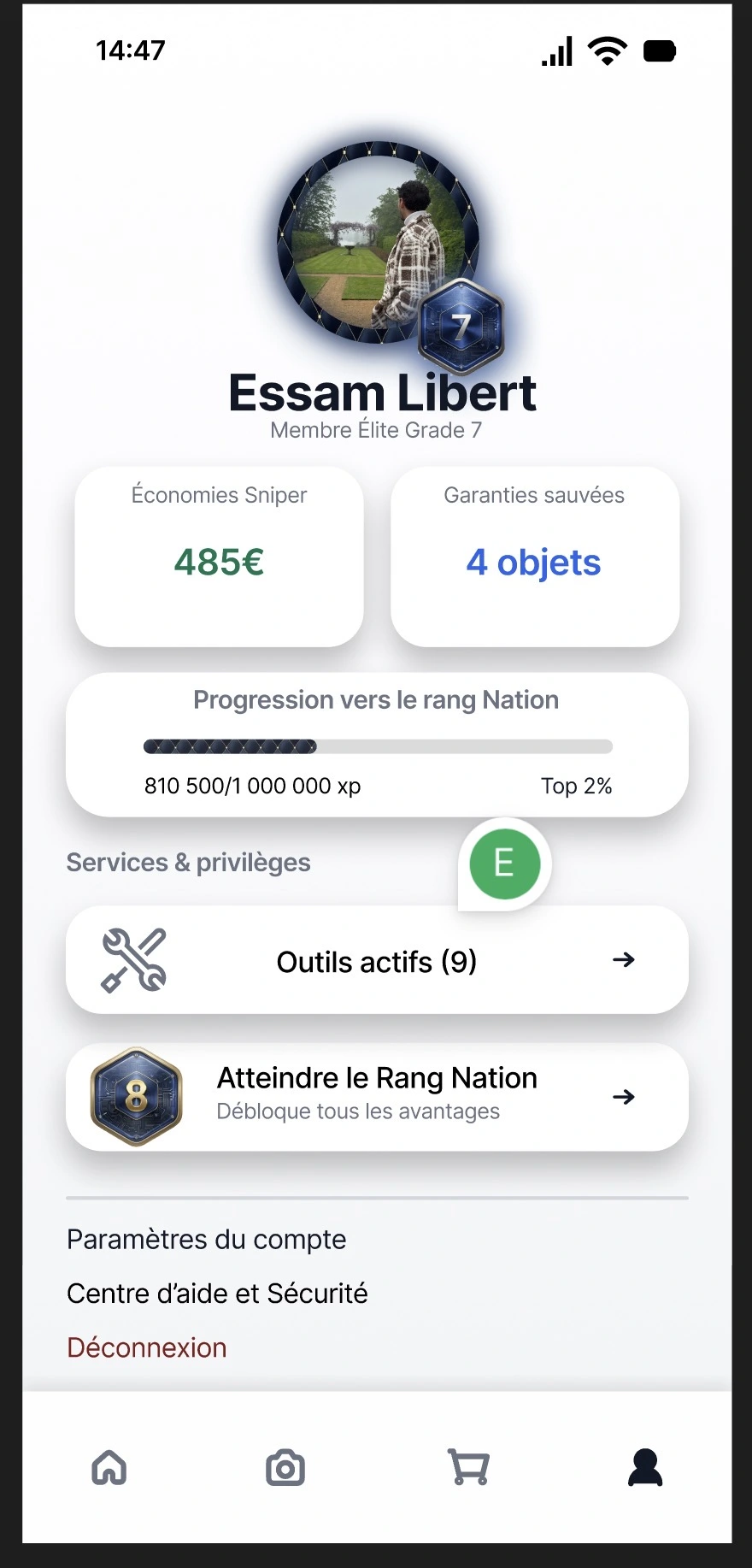 Écran Profil utilisateur — système de grades, économies réalisées, progression