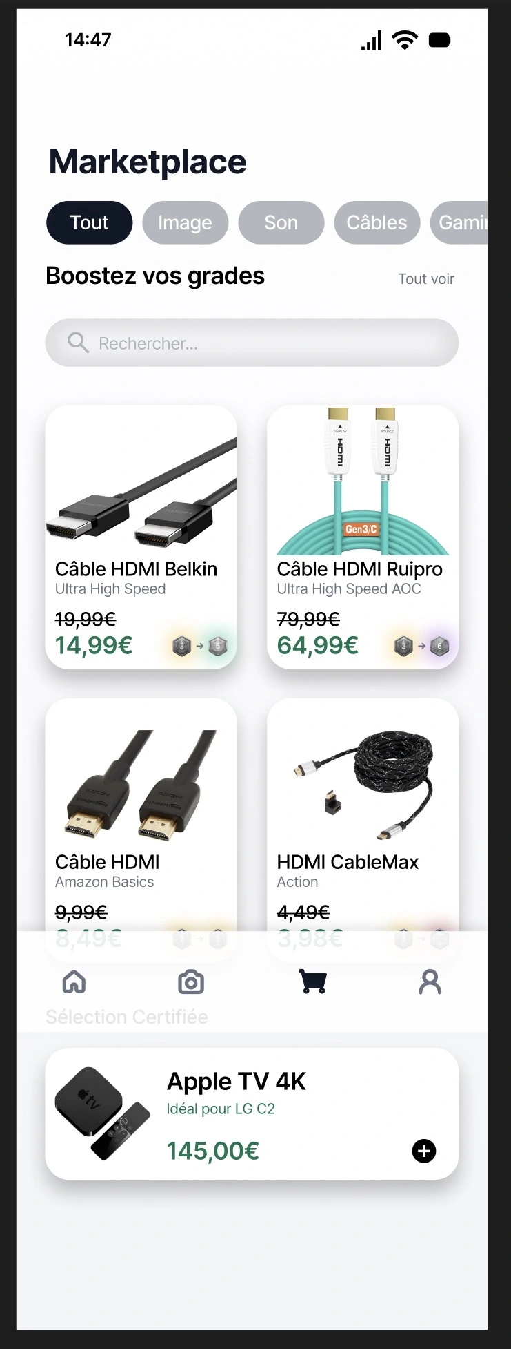 Écran Marketplace — accessoires certifiés compatibles avec prix négociés