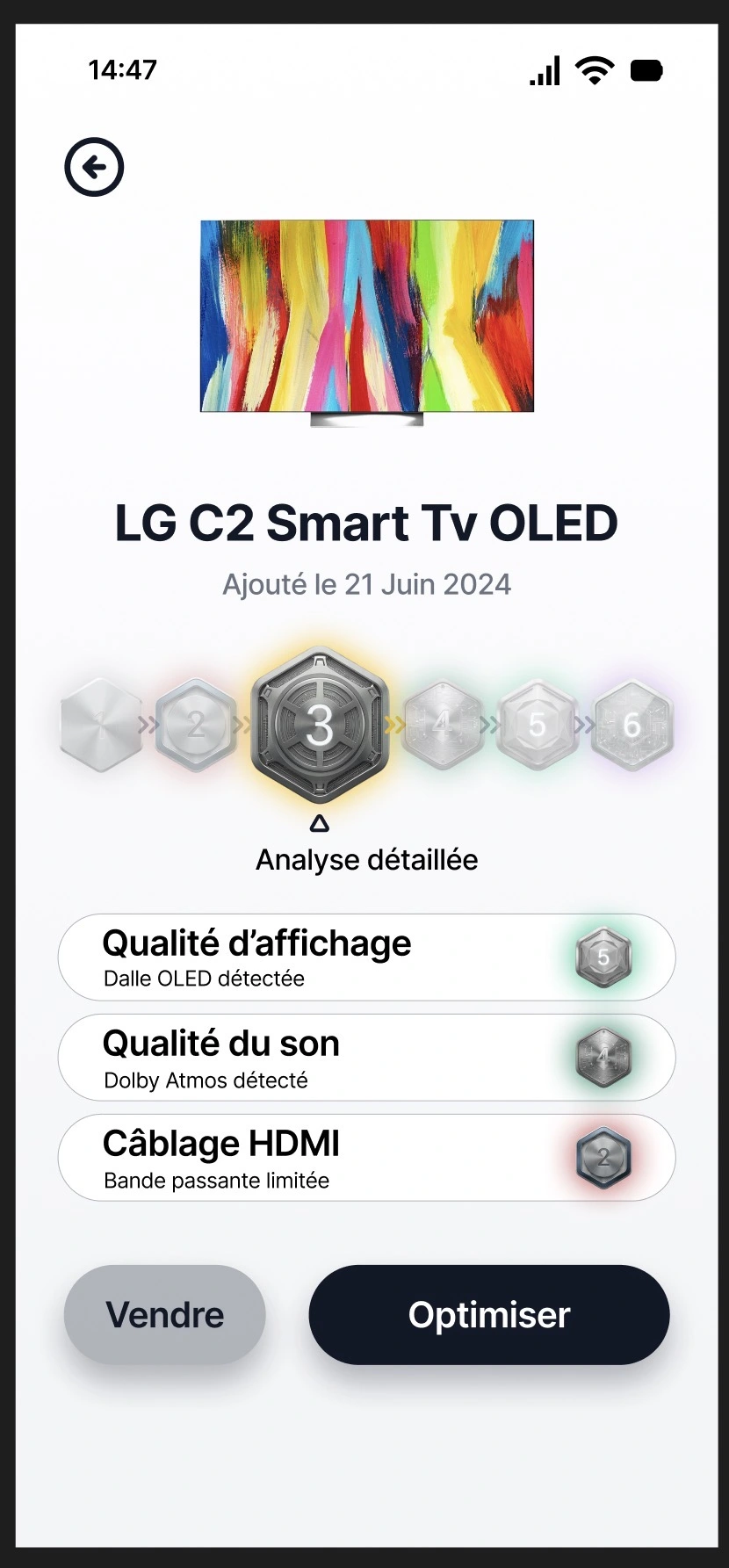 Écran Check-up produit — badges 1 à 8 par composant, diagnostic de compatibilité ciblé