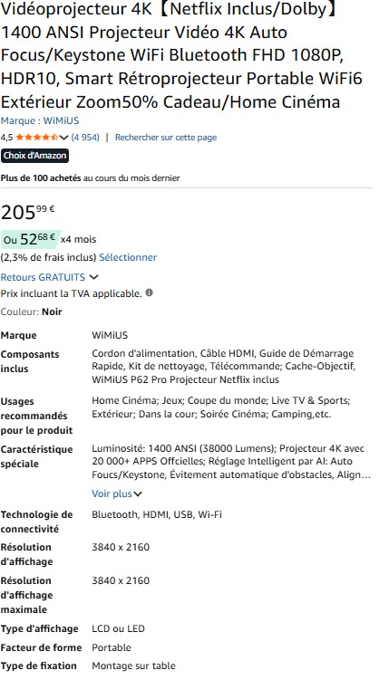 Fiche produit d'un projecteur avec titre confus et specs contradictoires